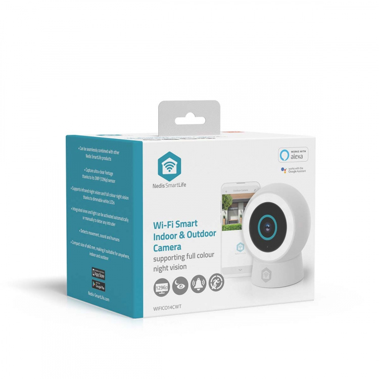 Nedis SmartLife Camera voor Buiten | Spotlight | 3MP Full HD 1296p | IP65 | Cloud Opslag (optioneel) / microSD (niet inbegrepen) / Onvif | 5 V DC | Met bewegingssensor | Nachtzicht | Wit
