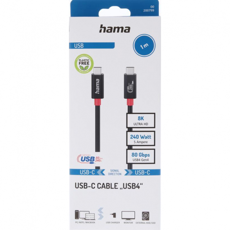 Hama Kabel USB-C USB 4.0 Gen4 80 Gbit/S 240W 1.0M Svart