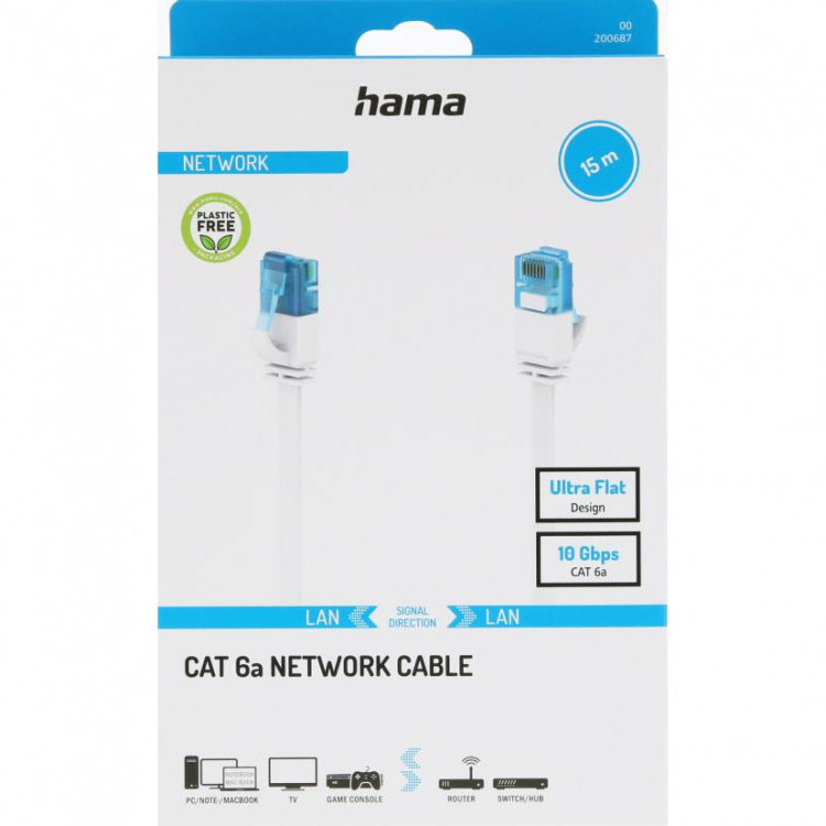 Hama Nätverkskabel Cat6A 10Gbit/S U/Utp Platt Vit 15m
