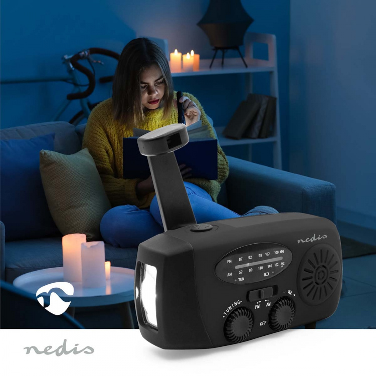 Nedis Noodradio | Tafelmodel | AM / FM | Powerbank-functie | Accu gevoed / Handslinger / USB Gevoed | Zwart Nedis Noodradio | Tafelmodel | AM / FM | Powerbank-functie | Accu gevoed / Handslinger / USB Gevoed | Zwart