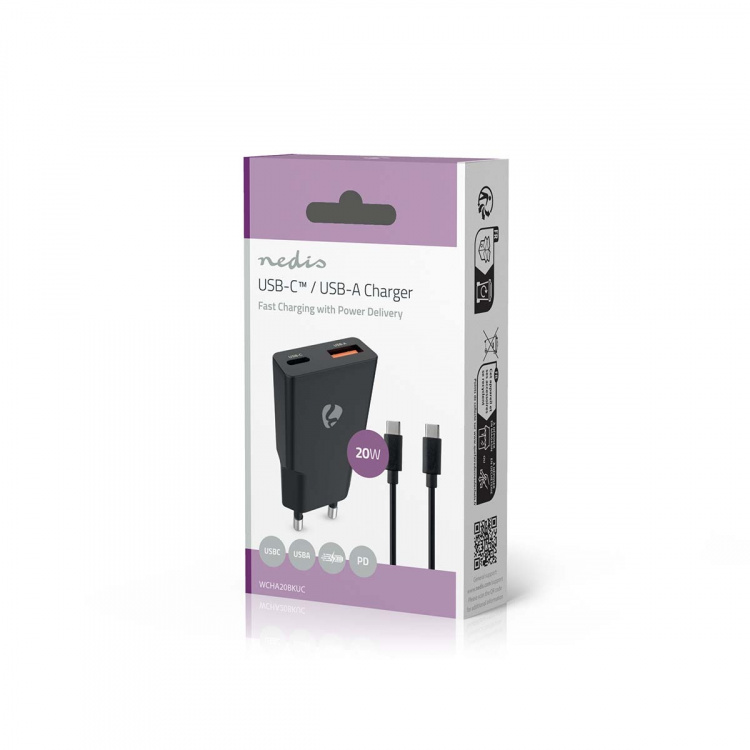 Nedis Oplader | 20 W | GaN | PD3.0 | Snellaad functie | 1.5 / 2.0 / 2.22 / 3.0 A | Outputs: 2 | USB-A / USB-C™ | USB Type-C™ (Los) Kabel | 1.50 m | Automatische Voltage Selectie | Zwart Nedis Oplader | 20 W | GaN | PD3.0 | Snellaad functie | 1.5 / 2.0 / 2.22 / 3.0 A | Outputs: 2 | USB-A / USB-C™ | USB Type-C™ (Los) Kabel | 1.50 m | Automatische Voltage Selectie | Zwart