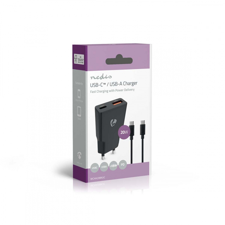 Nedis Oplader | 20 W | GaN | PD3.0 | Snellaad functie | 1.5 / 2.0 / 2.22 / 3.0 A | Outputs: 2 | USB-A / USB-C™ | USB Type-C™ (Los) Kabel | 1.50 m | Automatische Voltage Selectie | Zwart Nedis Oplader | 20 W | GaN | PD3.0 | Snellaad functie | 1.5 / 2.0 / 2.22 / 3.0 A | Outputs: 2 | USB-A / USB-C™ | USB Type-C™ (Los) Kabel | 1.50 m | Automatische Voltage Selectie | Zwart