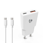 Nedis Oplader | 20 W | GaN | PD3.0 | Snellaad functie | 1.5 / 2.0 / 2.22 / 3.0 A | Outputs: 2 | USB-A / USB-C™ | USB-C™ (Los) Kabel | 1.50 m | Automatische Voltage Selectie | Wit