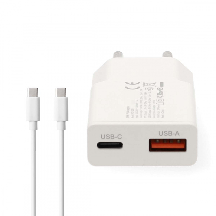 Nedis Oplader | 20 W | GaN | PD3.0 | Snellaad functie | 1.5 / 2.0 / 2.22 / 3.0 A | Outputs: 2 | USB-A / USB-C™ | USB-C™ (Los) Kabel | 1.50 m | Automatische Voltage Selectie | Wit