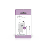 Nedis Oplader | 20 W | GaN | PD3.0 | Snellaad functie | 1.5 / 2.0 / 2.22 / 3.0 A | Outputs: 2 | USB-A / USB-C™ | USB-C™ (Los) Kabel | 1.50 m | Automatische Voltage Selectie | Wit
