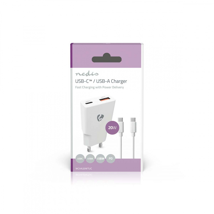Nedis Oplader | 20 W | GaN | PD3.0 | Snellaad functie | 1.5 / 2.0 / 2.22 / 3.0 A | Outputs: 2 | USB-A / USB-C™ | USB-C™ (Los) Kabel | 1.50 m | Automatische Voltage Selectie | Wit