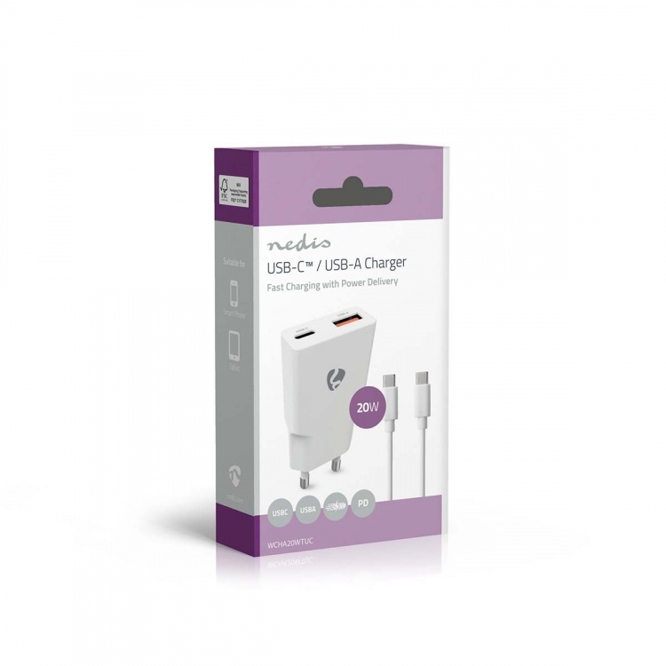 Nedis Oplader | 20 W | GaN | PD3.0 | Snellaad functie | 1.5 / 2.0 / 2.22 / 3.0 A | Outputs: 2 | USB-A / USB-C™ | USB-C™ (Los) Kabel | 1.50 m | Automatische Voltage Selectie | Wit