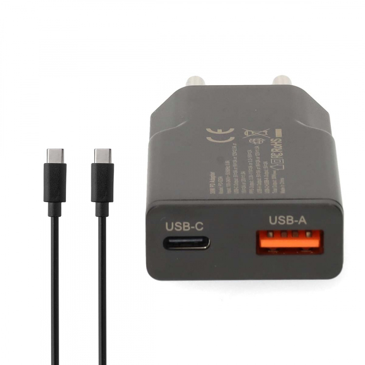 Nedis Oplader | 30 W | GaN | PD3.0 30W | Snellaad functie | 1.5 / 2.0 / 2.5 / 3.0 A | Outputs: 2 | USB-A / USB-C™ | USB Type-C™ (Los) Kabel | 1.50 m | Automatische Voltage Selectie | Zwart Nedis Oplader | 30 W | GaN | PD3.0 30W | Snellaad functie | 1.5 / 2.0 / 2.5 / 3.0 A | Outputs: 2 | USB-A / USB-C™ | USB Type-C™ (Los) Kabel | 1.50 m | Automatische Voltage Selectie | Zwart