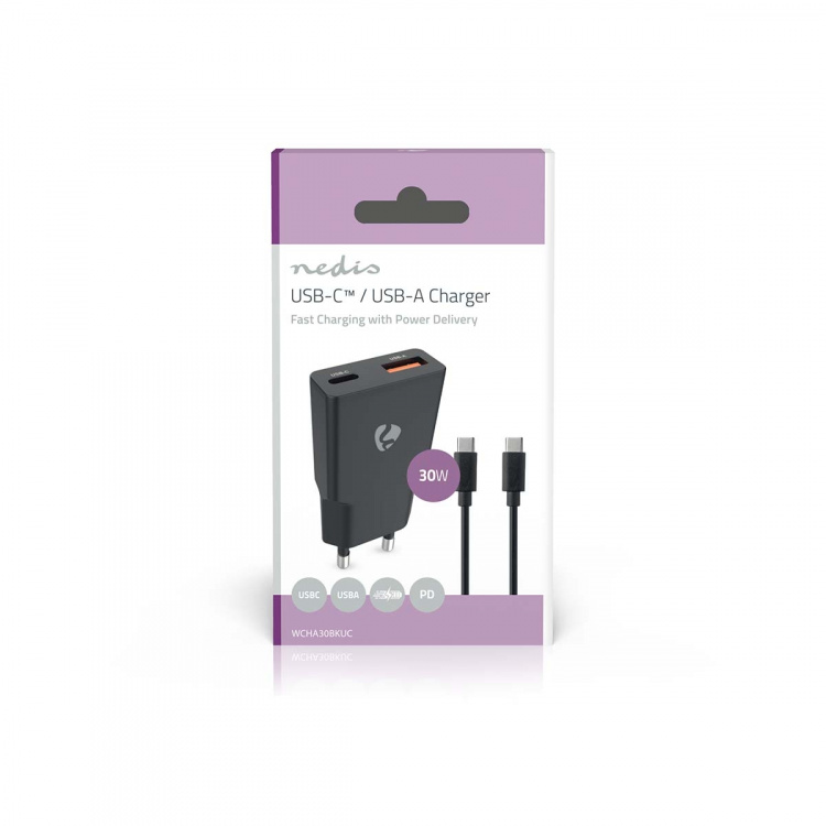 Nedis Oplader | 30 W | GaN | PD3.0 30W | Snellaad functie | 1.5 / 2.0 / 2.5 / 3.0 A | Outputs: 2 | USB-A / USB-C™ | USB Type-C™ (Los) Kabel | 1.50 m | Automatische Voltage Selectie | Zwart Nedis Oplader | 30 W | GaN | PD3.0 30W | Snellaad functie | 1.5 / 2.0 / 2.5 / 3.0 A | Outputs: 2 | USB-A / USB-C™ | USB Type-C™ (Los) Kabel | 1.50 m | Automatische Voltage Selectie | Zwart