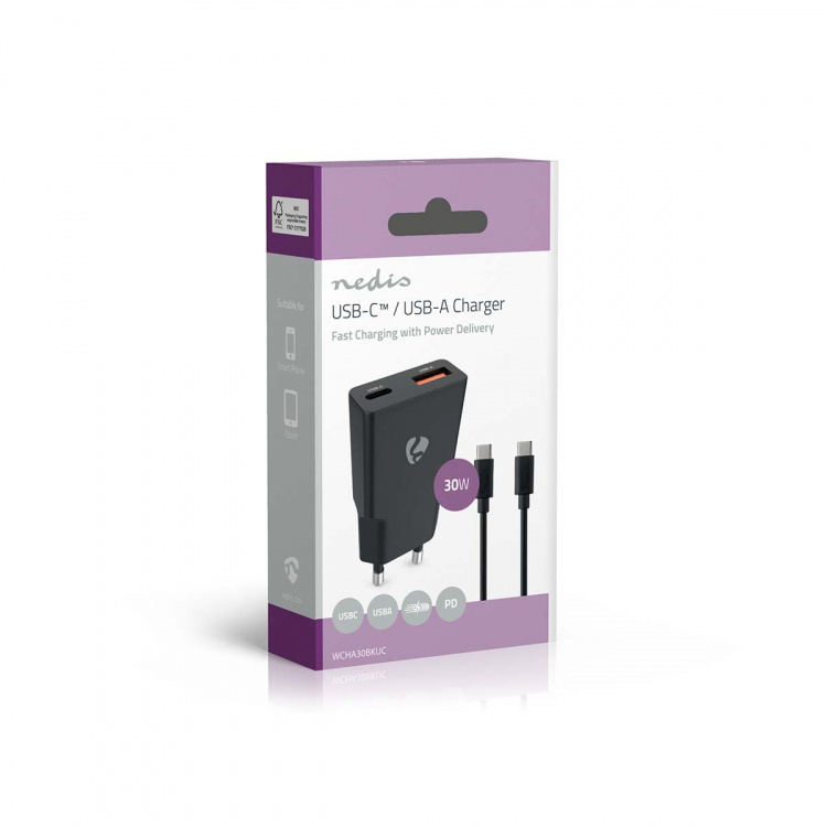 Nedis Oplader | 30 W | GaN | PD3.0 30W | Snellaad functie | 1.5 / 2.0 / 2.5 / 3.0 A | Outputs: 2 | USB-A / USB-C™ | USB Type-C™ (Los) Kabel | 1.50 m | Automatische Voltage Selectie | Zwart Nedis Oplader | 30 W | GaN | PD3.0 30W | Snellaad functie | 1.5 / 2.0 / 2.5 / 3.0 A | Outputs: 2 | USB-A / USB-C™ | USB Type-C™ (Los) Kabel | 1.50 m | Automatische Voltage Selectie | Zwart