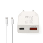 Nedis Oplader | 30 W | GaN | PD3.0 30W | Snellaad functie | 1.5 / 2.0 / 2.5 / 3.0 A | Outputs: 2 | USB-A / USB-C™ | USB-C™ (Los) Kabel | 1.50 m | Automatische Voltage Selectie | Wit