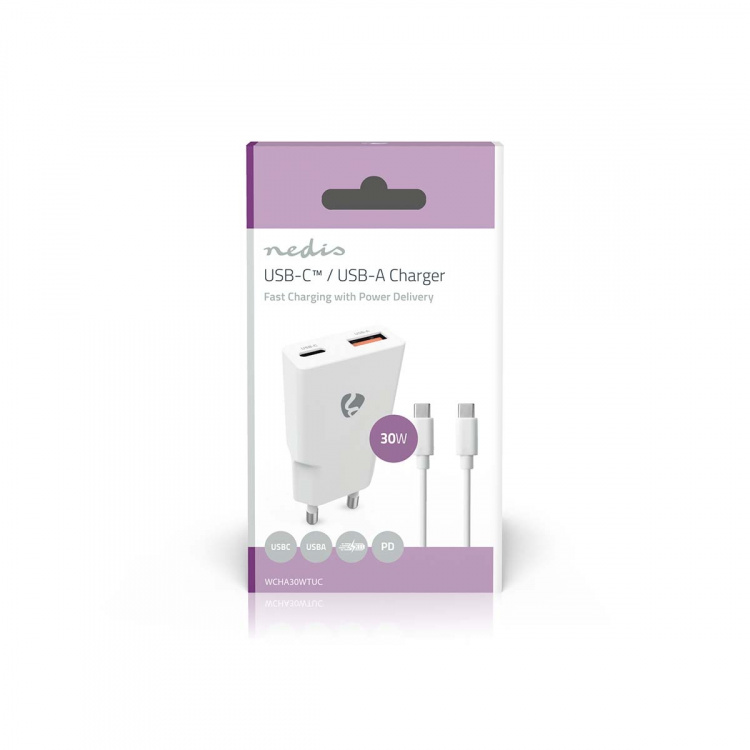 Nedis Oplader | 30 W | GaN | PD3.0 30W | Snellaad functie | 1.5 / 2.0 / 2.5 / 3.0 A | Outputs: 2 | USB-A / USB-C™ | USB-C™ (Los) Kabel | 1.50 m | Automatische Voltage Selectie | Wit