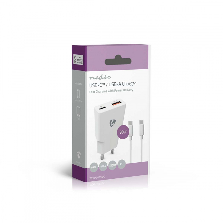 Nedis Oplader | 30 W | GaN | PD3.0 30W | Snellaad functie | 1.5 / 2.0 / 2.5 / 3.0 A | Outputs: 2 | USB-A / USB-C™ | USB-C™ (Los) Kabel | 1.50 m | Automatische Voltage Selectie | Wit