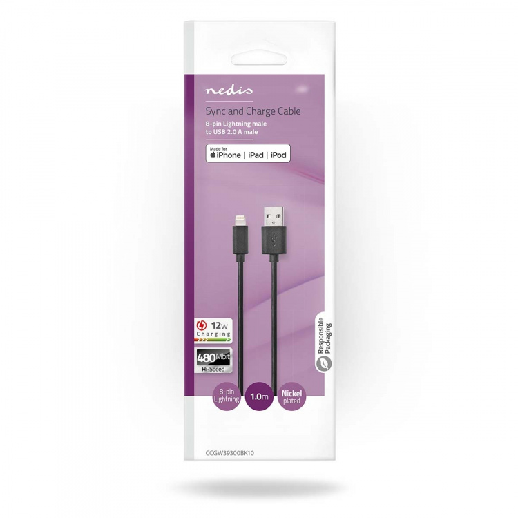 Nedis Lightning Kabel | USB 2.0 | Apple Lightning 8-Pins | USB-A Male | 480 Mbps | Vernikkeld | 1.00 m | Rond | PVC | Zwart | Doos
