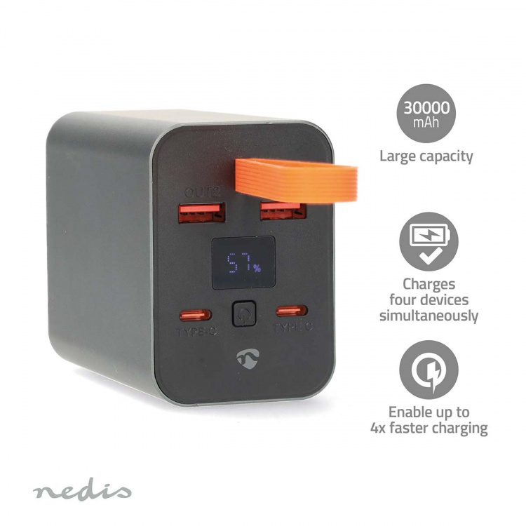 Nedis Powerbank | 30000 mAh | 1.5 / 2.0 / 3.0 / 5.0 A | Outputs: 4 | Output: 2x USB-A / 2x USB-C™ | Inputs: 1x USB-C™ | PD3.0 100W / QC3.0 | Lithium-Polymeer | Display