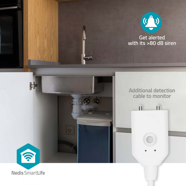 Nedis SmartLife Water Detector | Wi-Fi | Batterij Gevoed | Verlenging inbegrepen | Max. batterijduur: 24 Maanden | 80 dB | Wit
