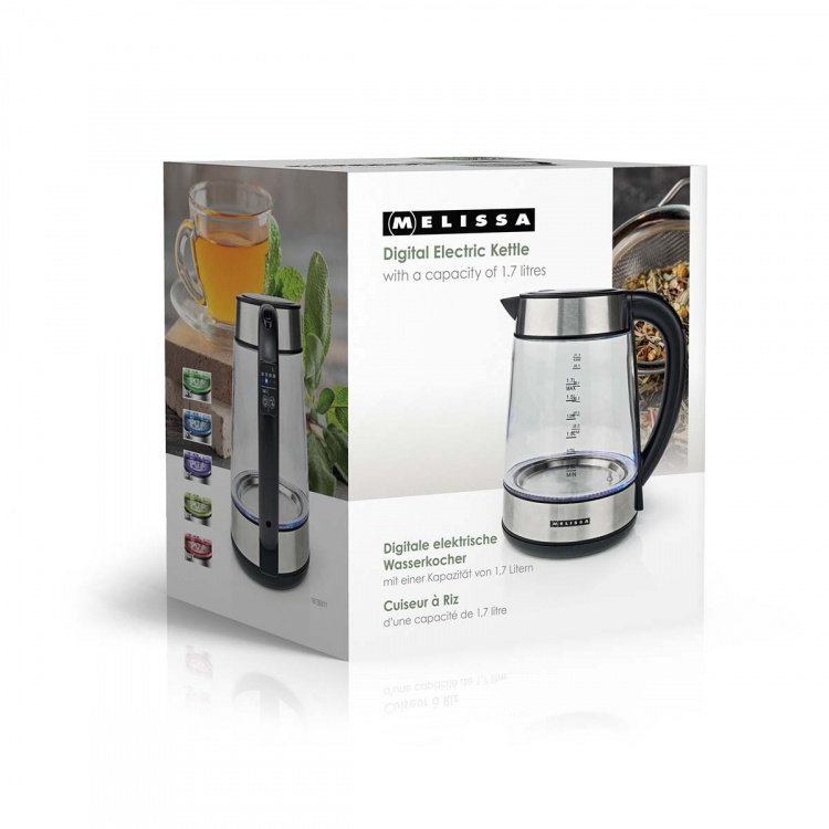 MELISSA Digitale elektrische waterkoker | 1,7 l | 2200 W | Glas | 50/70/80/90/100 °C Voorinstellingen | 360° pirouette bodem | Verborgen verwarmingselement | Strix® regelaar | Keep-warm functie | Droogkookbeveiliging MELISSA Digitale elektrische waterkoker | 1,7 l | 2200 W | Glas | 50/70/80/90/100 °C Voorinstellingen | 360° pirouette bodem | Verborgen verwarmingselement | Strix® regelaar | Keep-warm functie | Droogkookbeveiliging