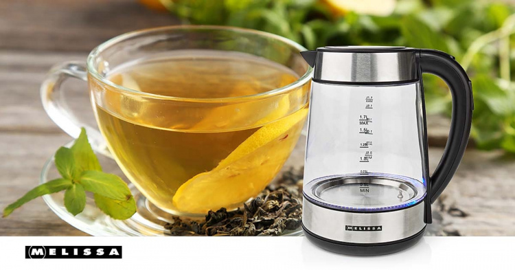 MELISSA Digitale elektrische waterkoker | 1,7 l | 2200 W | Glas | 50/70/80/90/100 °C Voorinstellingen | 360° pirouette bodem | Verborgen verwarmingselement | Strix® regelaar | Keep-warm functie | Droogkookbeveiliging MELISSA Digitale elektrische waterkoker | 1,7 l | 2200 W | Glas | 50/70/80/90/100 °C Voorinstellingen | 360° pirouette bodem | Verborgen verwarmingselement | Strix® regelaar | Keep-warm functie | Droogkookbeveiliging
