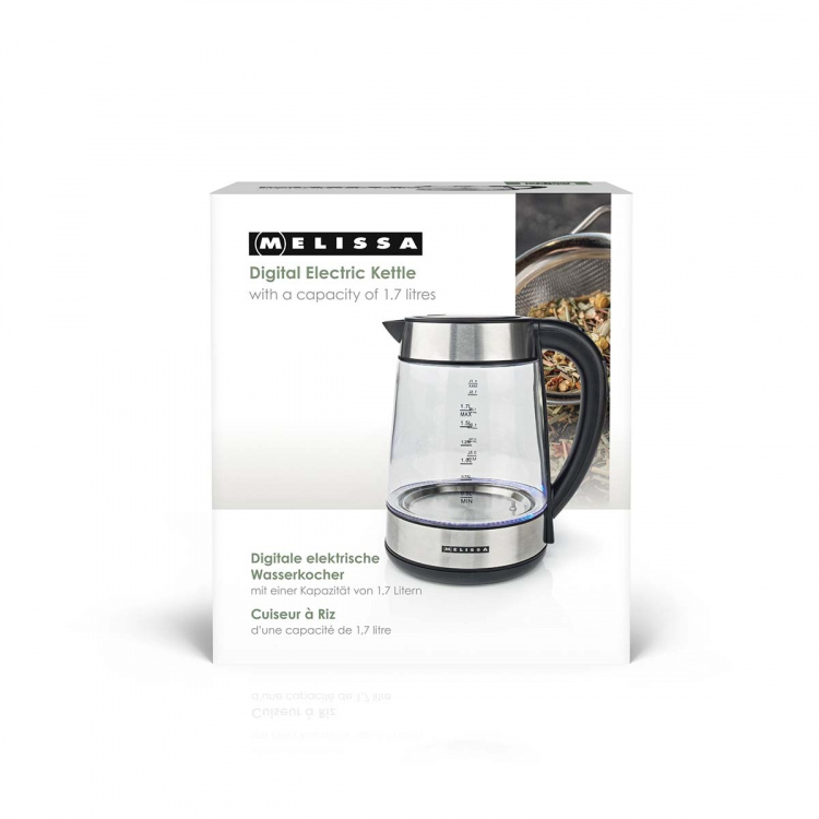 MELISSA Digitale elektrische waterkoker | 1,7 l | 2200 W | Glas | 50/70/80/90/100 °C Voorinstellingen | 360° pirouette bodem | Verborgen verwarmingselement | Strix® regelaar | Keep-warm functie | Droogkookbeveiliging MELISSA Digitale elektrische waterkoker | 1,7 l | 2200 W | Glas | 50/70/80/90/100 °C Voorinstellingen | 360° pirouette bodem | Verborgen verwarmingselement | Strix® regelaar | Keep-warm functie | Droogkookbeveiliging