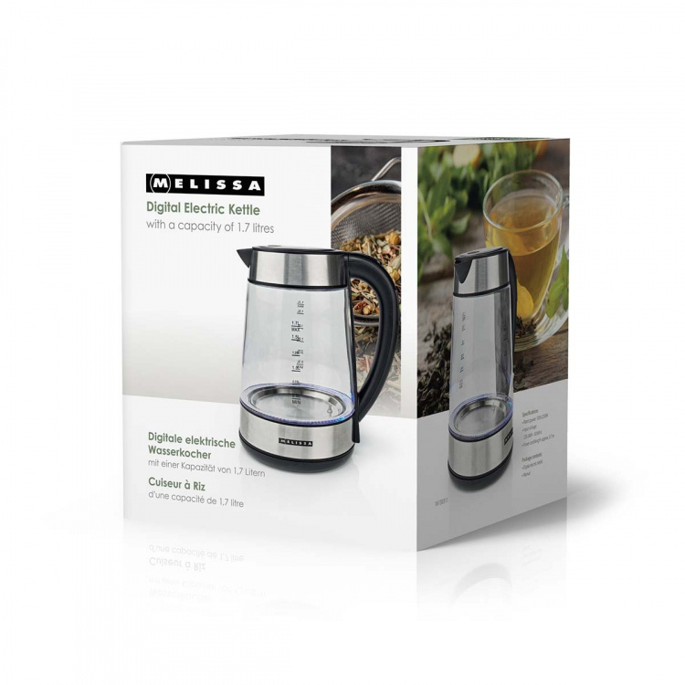 MELISSA Digitale elektrische waterkoker | 1,7 l | 2200 W | Glas | 50/70/80/90/100 °C Voorinstellingen | 360° pirouette bodem | Verborgen verwarmingselement | Strix® regelaar | Keep-warm functie | Droogkookbeveiliging MELISSA Digitale elektrische waterkoker | 1,7 l | 2200 W | Glas | 50/70/80/90/100 °C Voorinstellingen | 360° pirouette bodem | Verborgen verwarmingselement | Strix® regelaar | Keep-warm functie | Droogkookbeveiliging