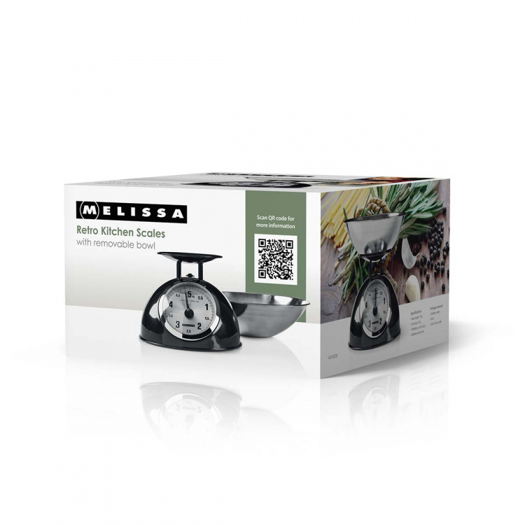 MELISSA Retro keukenweegschaal | Analoog | Metalen behuizing | Afneembare kom | Max. 5kg | Stapjes van 25 gram | Zwart