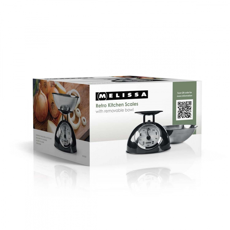 MELISSA Retro keukenweegschaal | Analoog | Metalen behuizing | Afneembare kom | Max. 5kg | Stapjes van 25 gram | Zwart