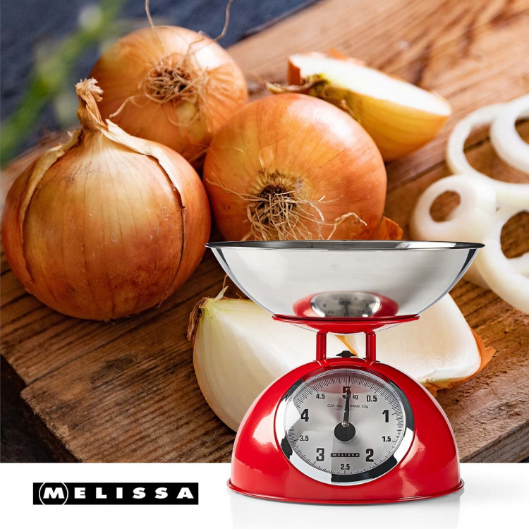 MELISSA Retro keukenweegschaal | Analoog | Metalen behuizing | Afneembare kom | Max. 5kg | Stapjes van 25 gram | Rood MELISSA Retro keukenweegschaal | Analoog | Metalen behuizing | Afneembare kom | Max. 5kg | Stapjes van 25 gram | Rood