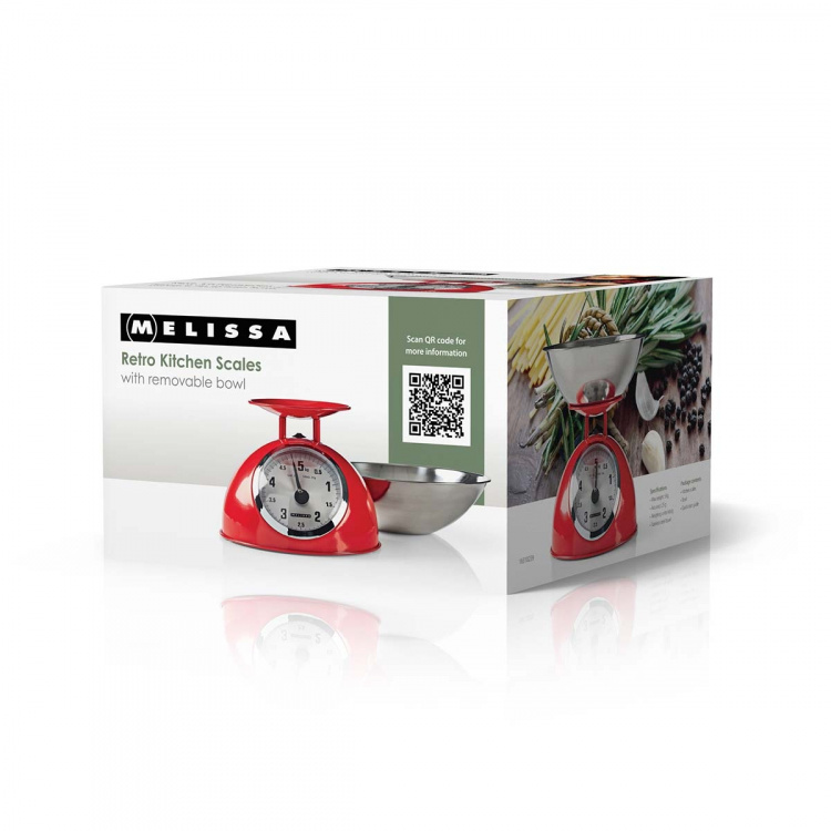 MELISSA Retro keukenweegschaal | Analoog | Metalen behuizing | Afneembare kom | Max. 5kg | Stapjes van 25 gram | Rood MELISSA Retro keukenweegschaal | Analoog | Metalen behuizing | Afneembare kom | Max. 5kg | Stapjes van 25 gram | Rood