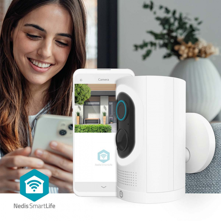 Nedis SmartLife Camera voor Buiten | Spotlight | 3MP Full HD 1296p | IP65 | Max. batterijduur: 6 Maanden | Cloud Opslag (optioneel) / microSD (niet inbegrepen) | 5 V DC | Met bewegingssensor | Nachtzicht | Wit