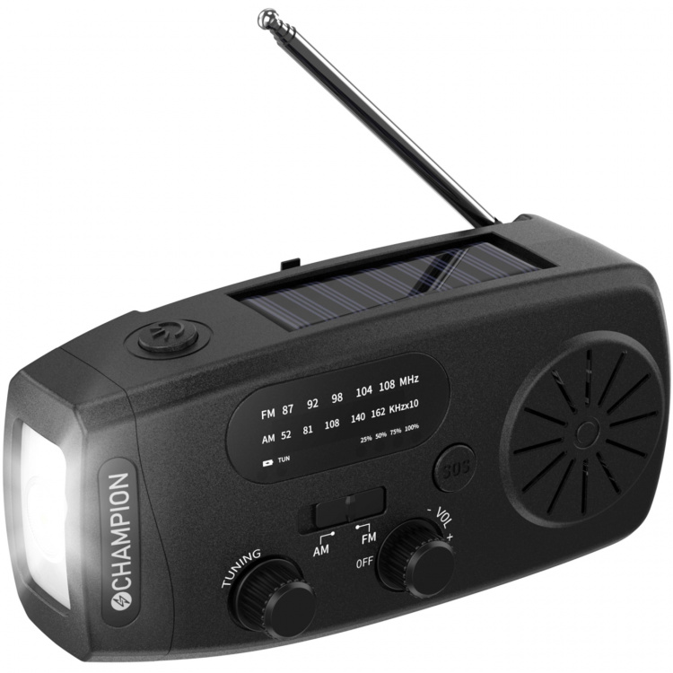 Champion Vevradio med ficklampa och solcell Svart