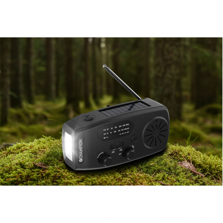 Champion Vevradio med ficklampa och solcell Svart