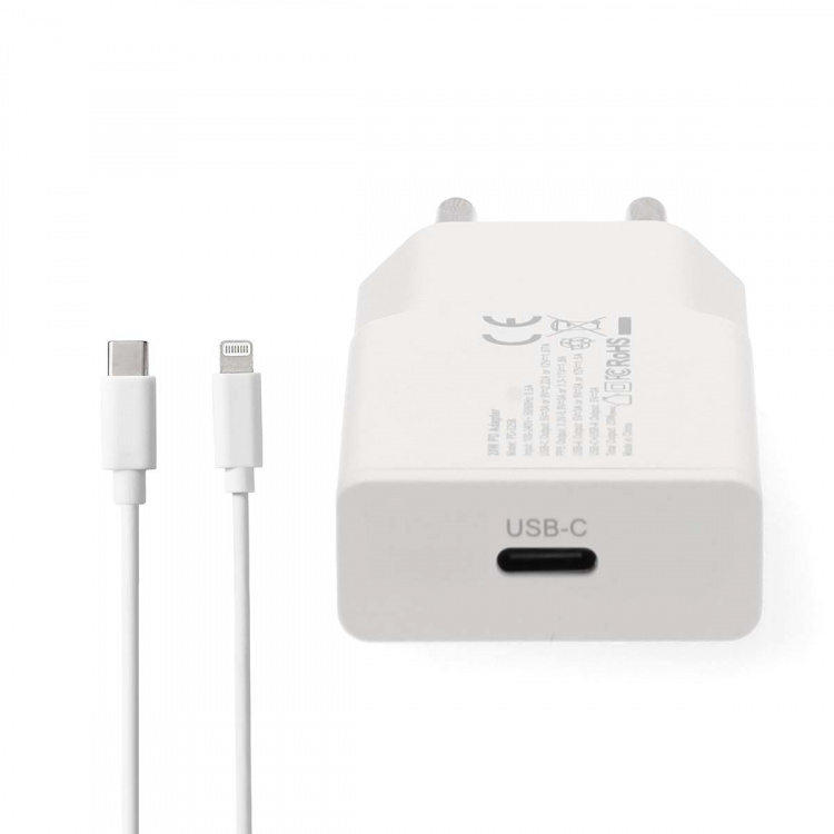 Nedis Oplader | 20 W | GaN | PD3.0 | Snellaad functie | 1.67 / 2.22 / 3.0 A | Outputs: 1 | USB-C™ | Lightning 8-Pins (Los) Kabel | 1.00 m | Automatische Voltage Selectie | Wit