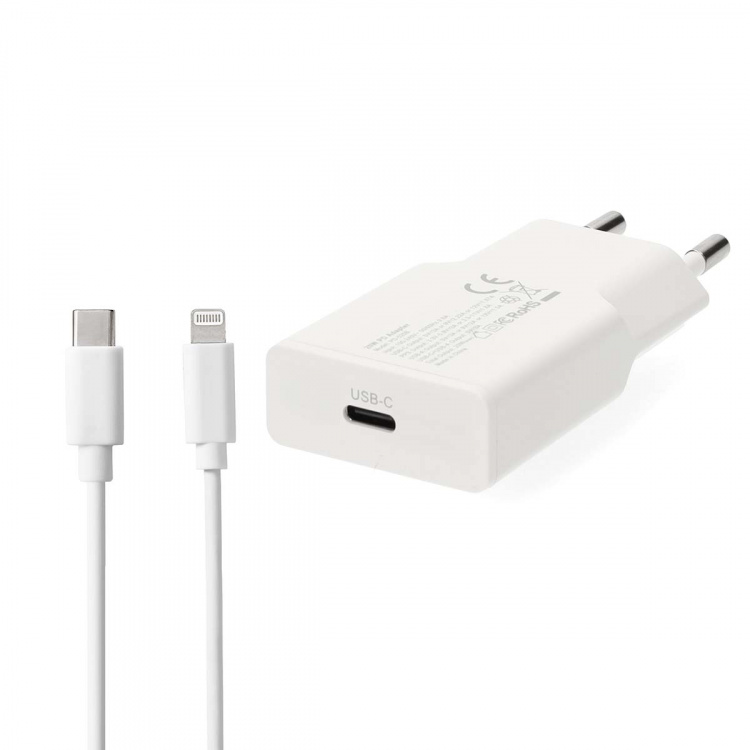 Nedis Oplader | 20 W | GaN | PD3.0 | Snellaad functie | 1.67 / 2.22 / 3.0 A | Outputs: 1 | USB-C™ | Lightning 8-Pins (Los) Kabel | 1.00 m | Automatische Voltage Selectie | Wit