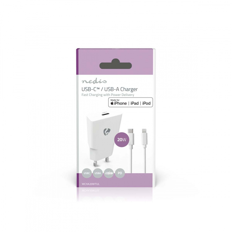 Nedis Oplader | 20 W | GaN | PD3.0 | Snellaad functie | 1.67 / 2.22 / 3.0 A | Outputs: 1 | USB-C™ | Lightning 8-Pins (Los) Kabel | 1.00 m | Automatische Voltage Selectie | Wit