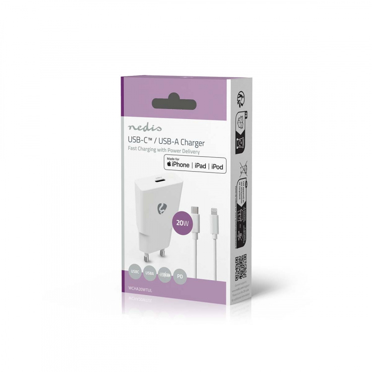 Nedis Oplader | 20 W | GaN | PD3.0 | Snellaad functie | 1.67 / 2.22 / 3.0 A | Outputs: 1 | USB-C™ | Lightning 8-Pins (Los) Kabel | 1.00 m | Automatische Voltage Selectie | Wit