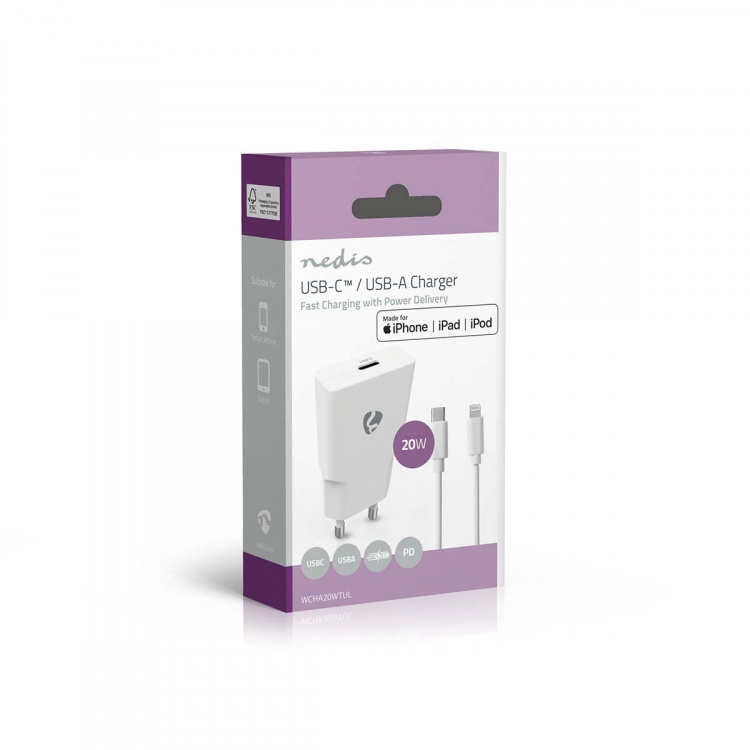 Nedis Oplader | 20 W | GaN | PD3.0 | Snellaad functie | 1.67 / 2.22 / 3.0 A | Outputs: 1 | USB-C™ | Lightning 8-Pins (Los) Kabel | 1.00 m | Automatische Voltage Selectie | Wit