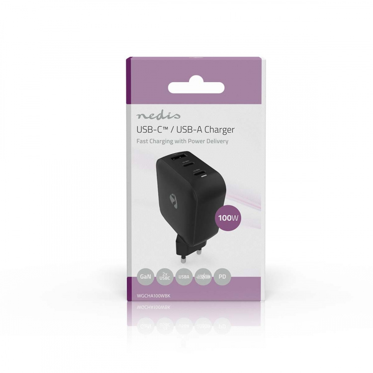 Nedis Oplader | 100 W | GaN | PD3.0 | Snellaad functie | 2.5 / 3.0 / 5.0 A | Outputs: 3 | USB-A / 2x USB-C™ | Automatische Voltage Selectie | Zwart Nedis Oplader | 100 W | GaN | PD3.0 | Snellaad functie | 2.5 / 3.0 / 5.0 A | Outputs: 3 | USB-A / 2x USB-C™ | Automatische Voltage Selectie | Zwart