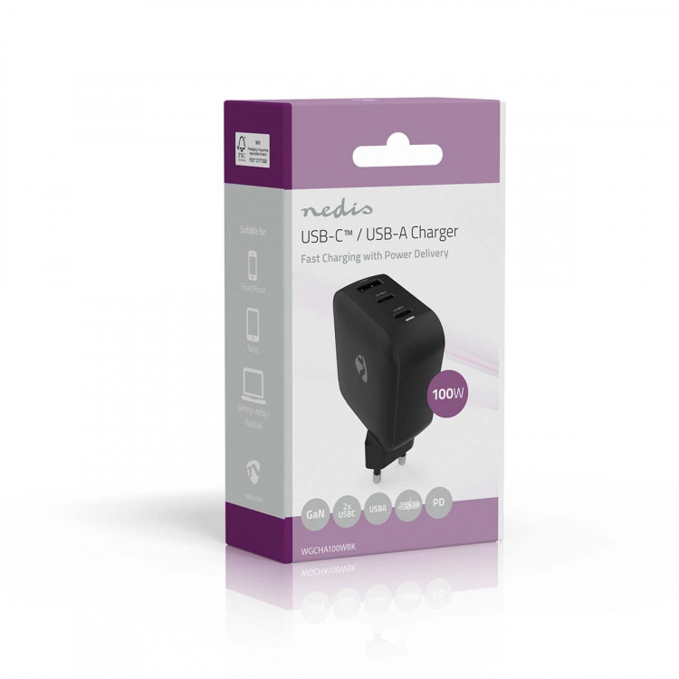 Nedis Oplader | 100 W | GaN | PD3.0 | Snellaad functie | 2.5 / 3.0 / 5.0 A | Outputs: 3 | USB-A / 2x USB-C™ | Automatische Voltage Selectie | Zwart Nedis Oplader | 100 W | GaN | PD3.0 | Snellaad functie | 2.5 / 3.0 / 5.0 A | Outputs: 3 | USB-A / 2x USB-C™ | Automatische Voltage Selectie | Zwart