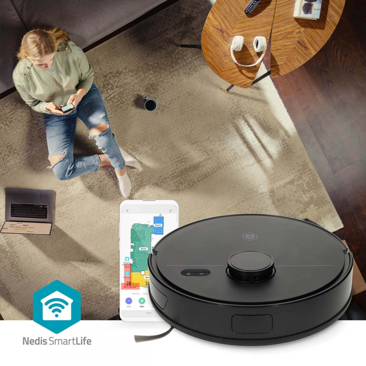 Nedis SmartLife Robotstofzuiger | Navigatiemethode: Laser navigatie | Wi-Fi | Capaciteit opvangreservoir: 0.59 l | Automatisch opladen | Maximale gebruiksduur: 1.75 uur | Zwart | Android™ / IOS
