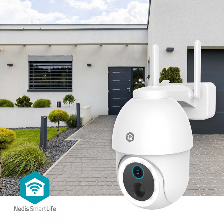 Nedis SmartLife Camera voor Buiten | Spotlight | 3MP Full HD 1296p | Pan tilt | IP65 | Max. batterijduur: 3 Maanden | Cloud Opslag (optioneel) / microSD (niet inbegrepen) | 5 V DC | Met bewegingssensor | Nachtzicht | Wit