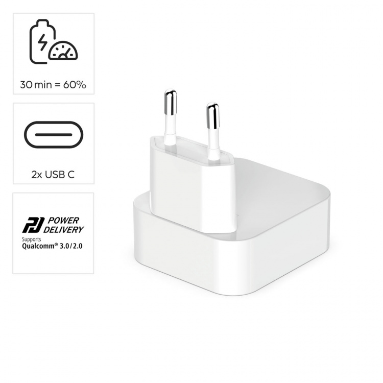 Hama Laddare 2xUSB-C GaN PD 40W Snabb Hopfällbar Mini Vit