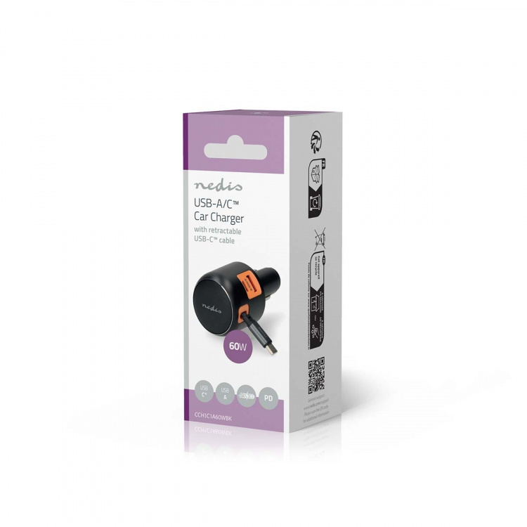 Nedis Autolader | 60 W | 2.4 / 3.0 A | Outputs: 3 | Poorttype: USB-A / USB-C™ | USB-C™ intrekbare kabel | 0.70 m | Automatische Voltage Selectie