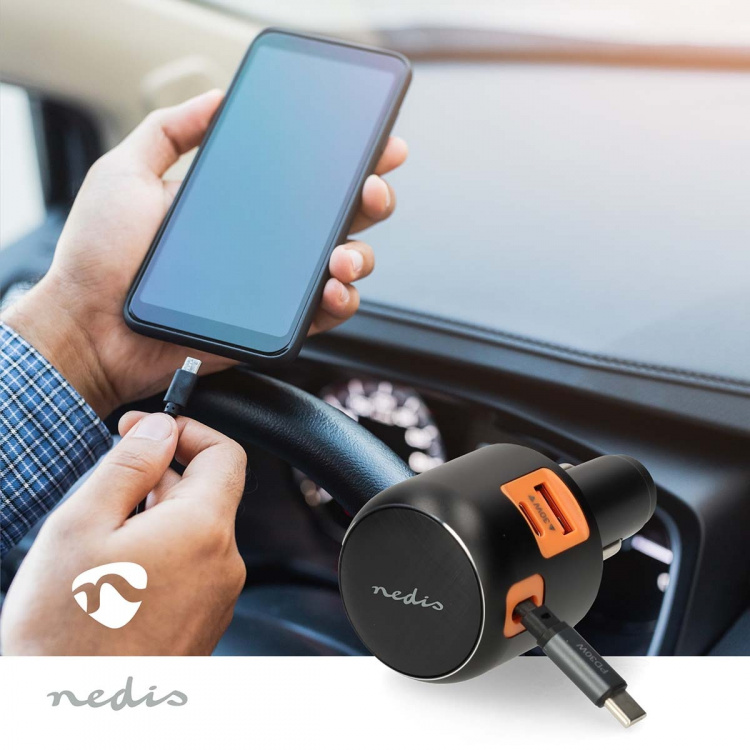 Nedis Autolader | 60 W | 2.4 / 3.0 A | Outputs: 3 | Poorttype: USB-A / USB-C™ | USB-C™ intrekbare kabel | 0.70 m | Automatische Voltage Selectie