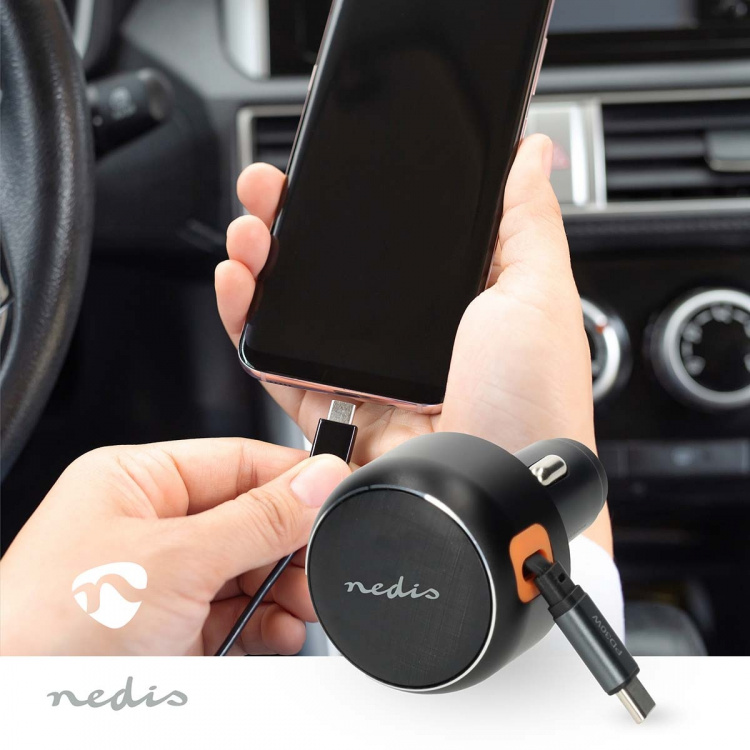 Nedis Autolader | 30 W | 2.4 / 3.0 A | Outputs: 1 | USB-C™ intrekbare kabel | 0.70 m | Automatische Voltage Selectie
