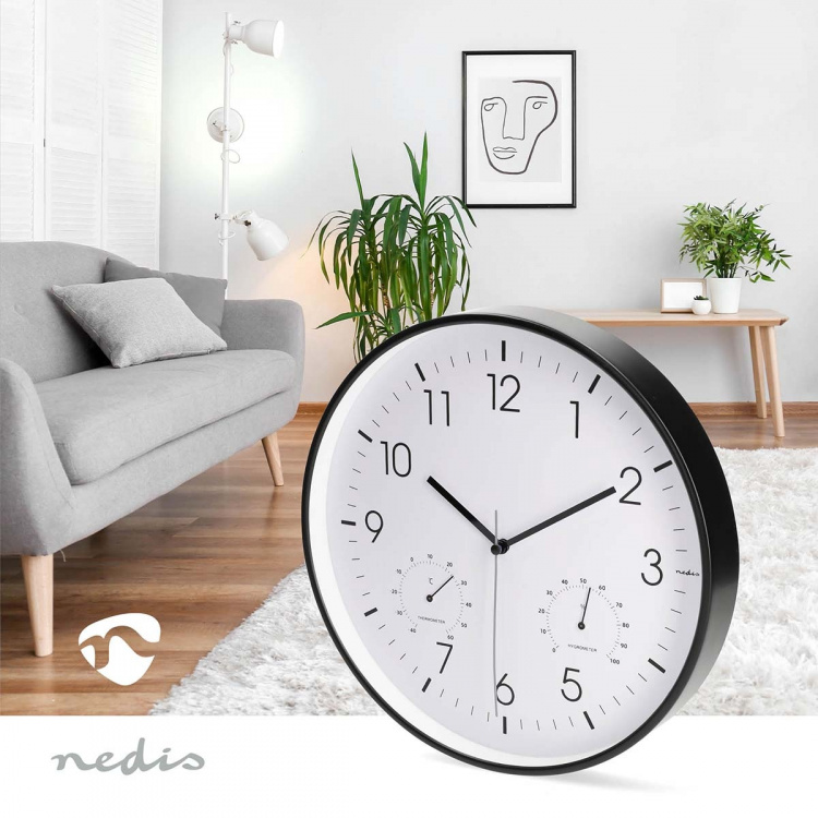 Nedis Wandklok | Diameter: 300 mm | Kunststof | Stille beweging | Thermometer | Hygrometer | Wit / Zwart