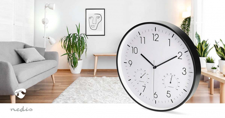 Nedis Wandklok | Diameter: 300 mm | Kunststof | Stille beweging | Thermometer | Hygrometer | Wit / Zwart