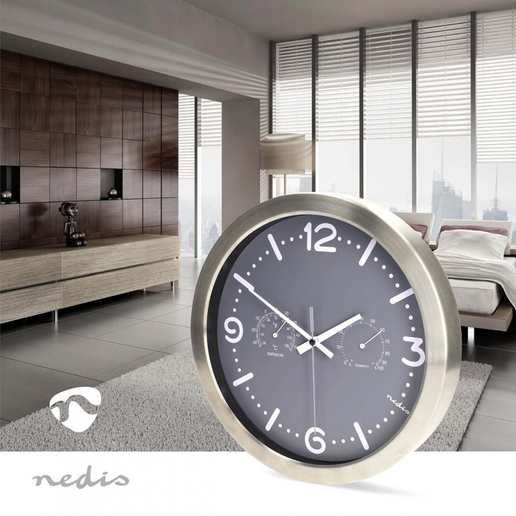 Nedis Wandklok | Diameter: 300 mm | Roestvrij Staal | Stille beweging | Thermometer | Hygrometer | Grijs / Metaal