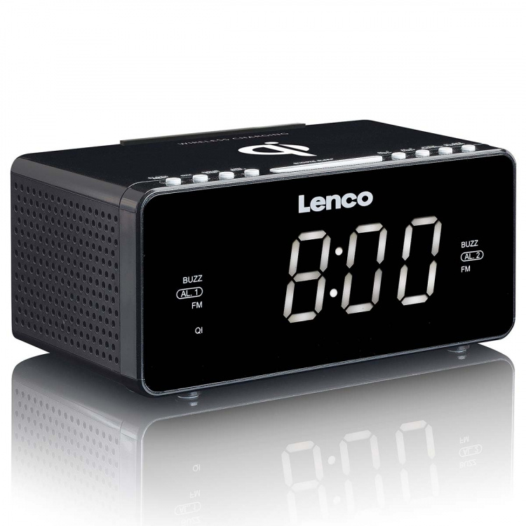 Lenco Stereo FM-klokradio met USB en Qi draadloos opladen voor smartphone Zwart Lenco Stereo FM-klokradio met USB en Qi draadloos opladen voor smartphone Zwart