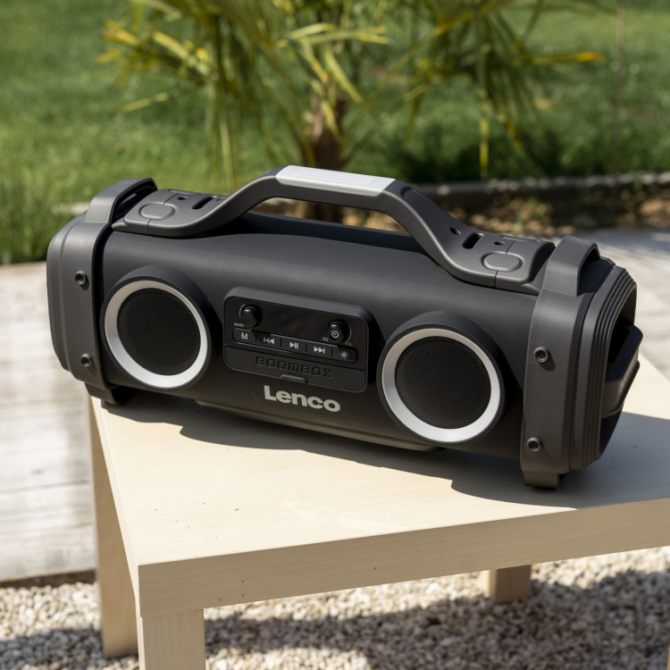 Lenco Spatwaterdichte Bluetooth® Speaker FM-radio USB en micro SD met lichteffecten Zwart Lenco Spatwaterdichte Bluetooth® Speaker FM-radio USB en micro SD met lichteffecten Zwart