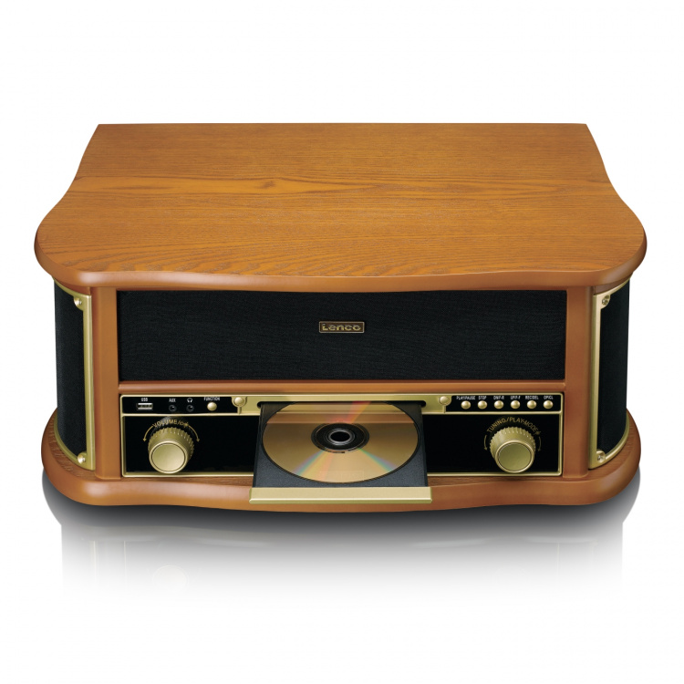 Lenco Houten retro platenspeler met Bluetooth®, DAB+/FM-radio, USB-codering, cd-speler, cassettespeler en ingebouwde speakers Lenco Houten retro platenspeler met Bluetooth®, DAB+/FM-radio, USB-codering, cd-speler, cassettespeler en ingebouwde speakers